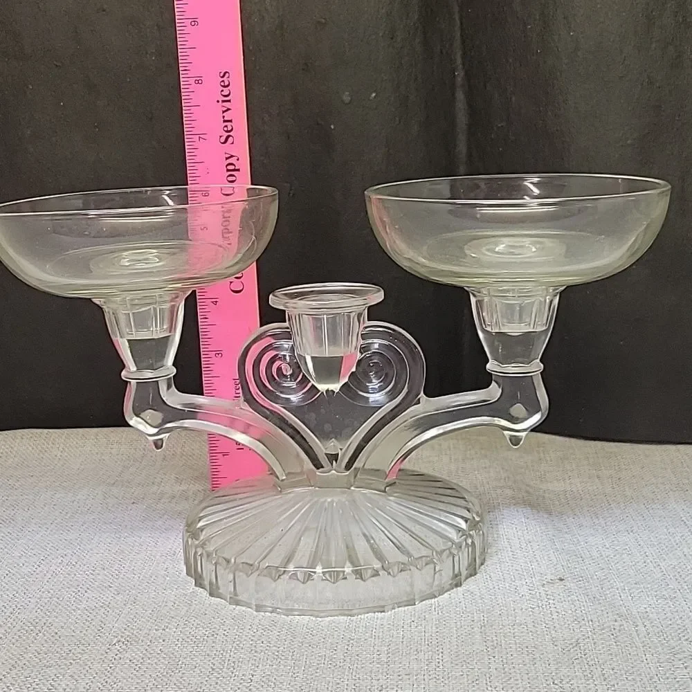 Vintage Jeannette Glass COSMOS Triple Candle Candlestick Clear Glass Candelabras
